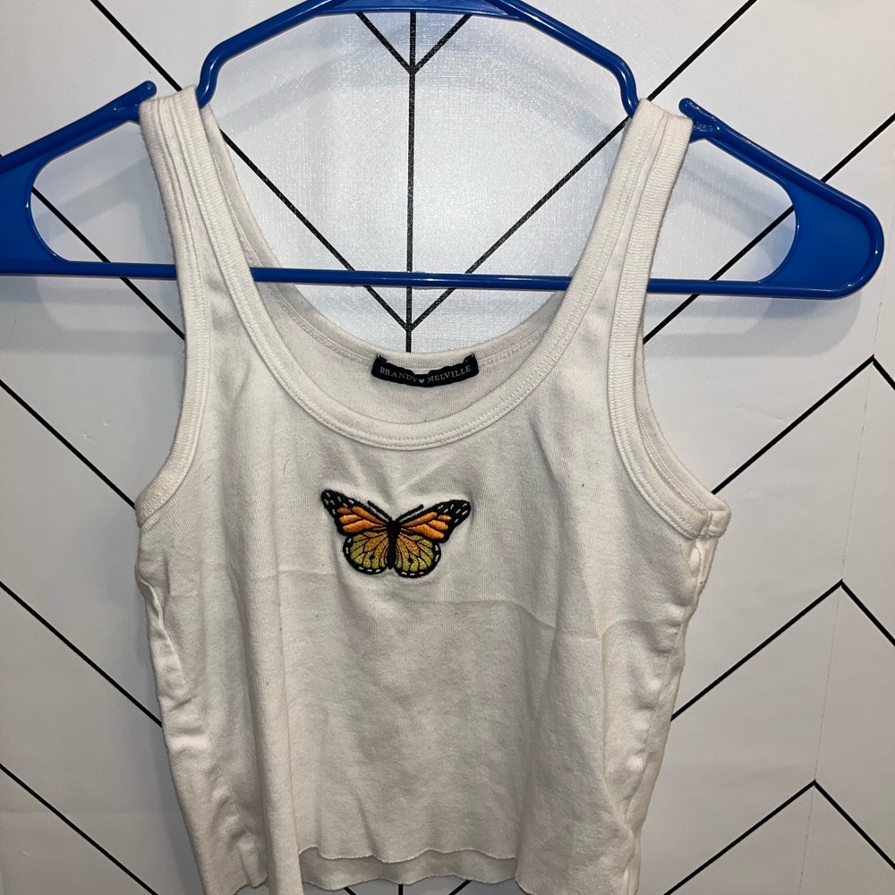 white tan too crop top, brandy Melville, small, butterfly, perfect condition